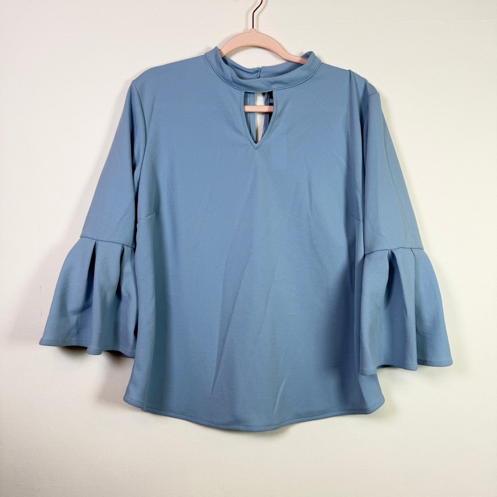 NEW YORK &‎ COMPANY Blue Keyhole Mock Neck Bell Sleeve Blouse XL